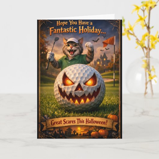 Spooky cat Halloween greeting gree カード (黄色い花)