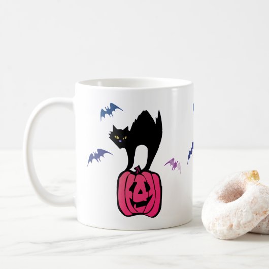 Spooky Cat Halloween Pumpkin Pop Art コーヒーマグカップ (ドーナツ)