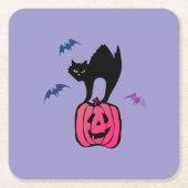 Spooky Cat Halloween Pumpkin Pop Art スクエアペーパーコースター (正面)