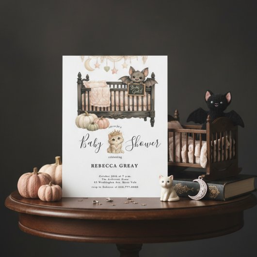 Spooky Chic Gothic Bat & Kitten Baby Girl Shower  招待状