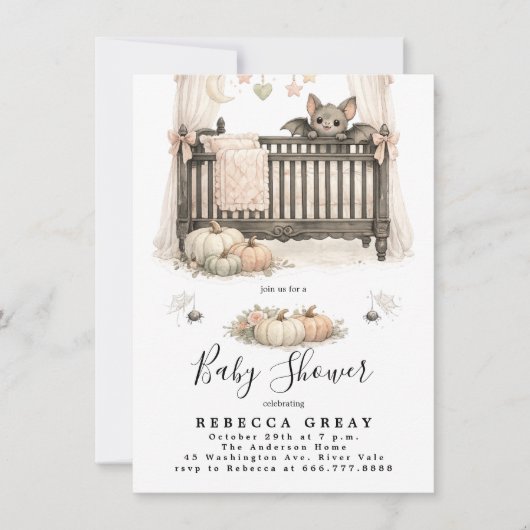Spooky Chic Gothic Bat & Pumpkins Baby Shower 招待状 (正面)