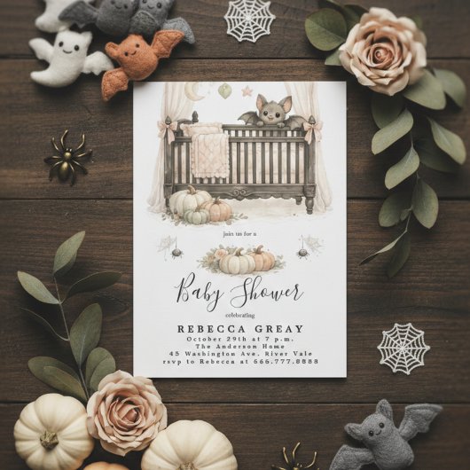 Spooky Chic Gothic Bat & Pumpkins Baby Shower 招待状