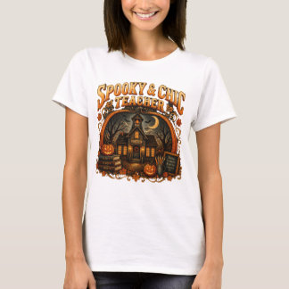 Spooky & Chic Teacher Retro T-Shirt with Fall Scho Tシャツ