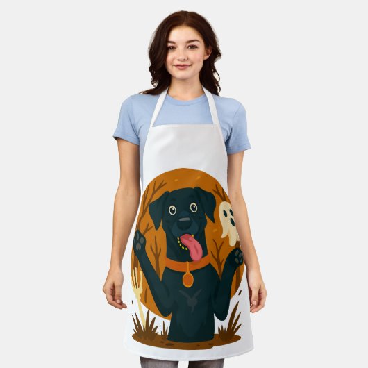 Spooky Cute Black Dog with Ghost  エプロン (着用した状態)
