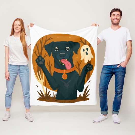Spooky Cute Black Dog with Ghost  フリースブランケット (インサイチュ)