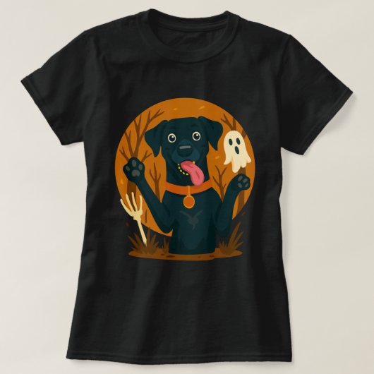 Spooky Cute Black Dog with Ghost  Tシャツ (デザイン正面)