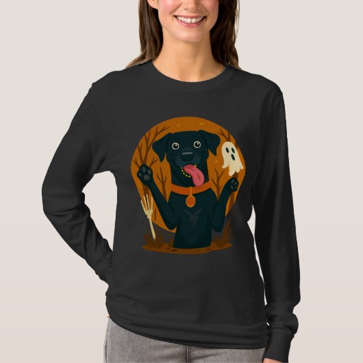 Spooky Cute Black Dog with Ghost Tシャツ (正面)