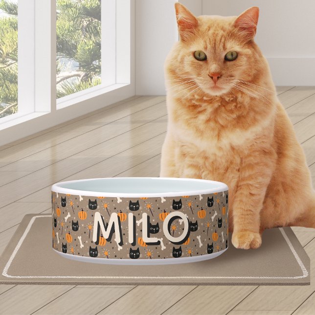 Spooky Cute Custom Halloween Pumpkin & Black Cat ボウル (Spooky Cute Custom Halloween Pumpkin & Black Cat Bowl)
