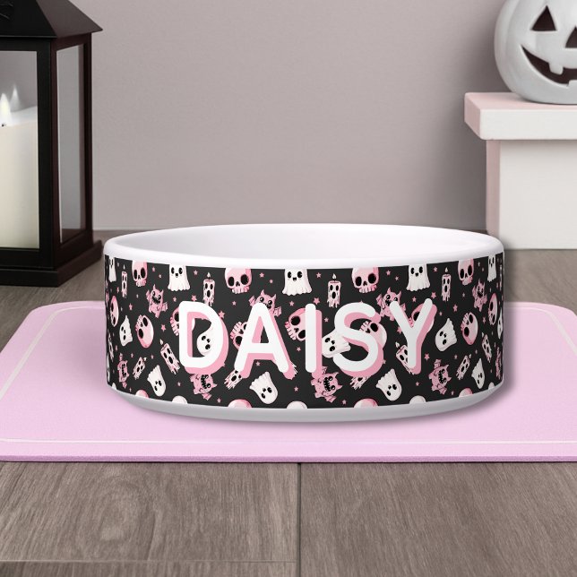Spooky Cute Custom Name Pink & Black Halloween Dog ボウル (Spooky Cute Custom Name Pink & Black Halloween Dog Bowl
)