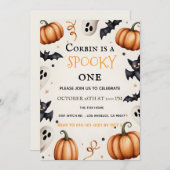 Spooky Cute Ghost & Bat Halloween Birthday Invitat サンキューカード (正面/裏面)