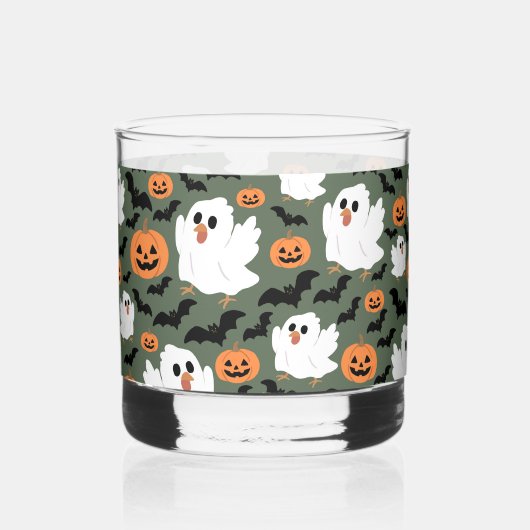 Spooky Cute Ghost Chickens with Pumpkins and Bats ウイスキーグラス (正面)