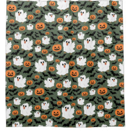 Spooky Cute Ghost Chickens with Pumpkins and Bats  シャワーカーテン