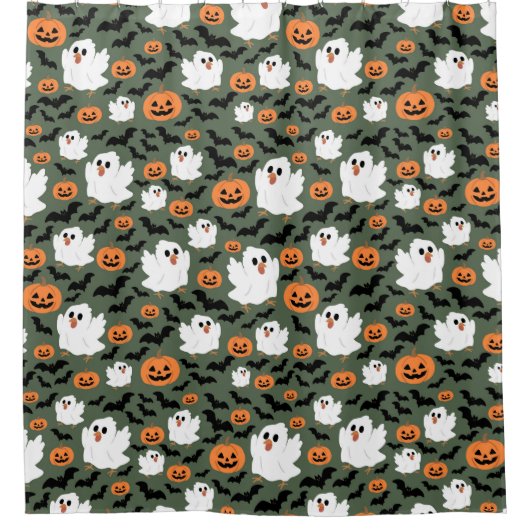 Spooky Cute Ghost Chickens with Pumpkins and Bats  シャワーカーテン (正面)