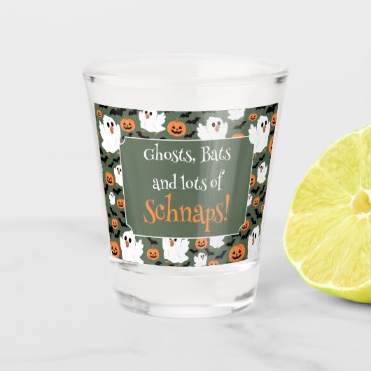 Spooky Cute Ghost Chickens with Pumpkins and Bats ショットグラス (正面)
