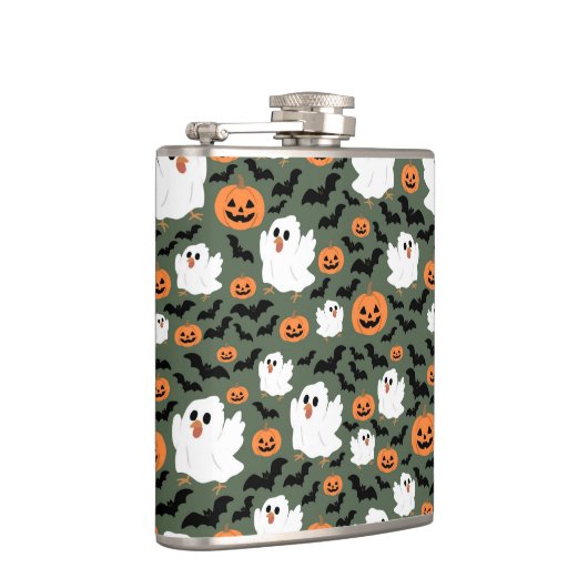 Spooky Cute Ghost Chickens with Pumpkins and Bats  フラスク (右)