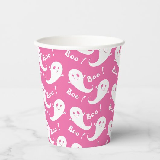 Spooky Cute Ghost Pattern Halloween Pink Paper cup 紙コップ (正面)