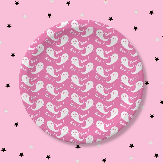 Spooky Cute Ghost Pattern Pink Paper Plate ペーパープレート