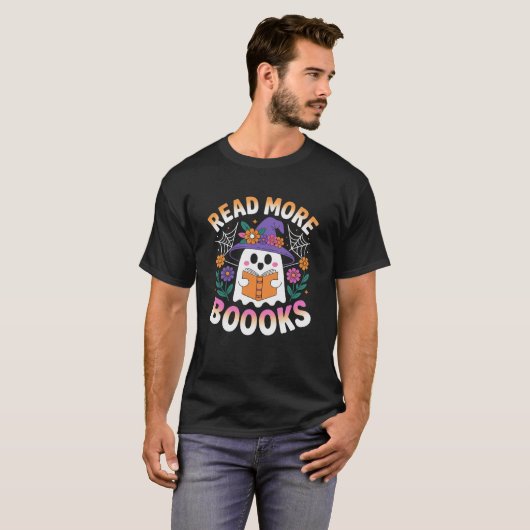 Spooky Cute Ghost Witch Reading Books Halloween Tシャツ (正面フル)