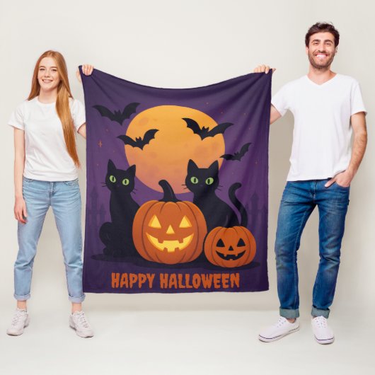 Spooky Cute Halloween Black Cats and Pumpkins Cozy フリースブランケット (インサイチュ)
