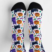 Spooky Cute Halloween Cat & Pumpkin Crew Socks ソックス (上部)