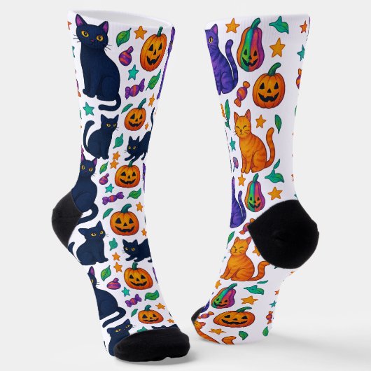 Spooky Cute Halloween Cat & Pumpkin Crew Socks ソックス (傾斜あり)