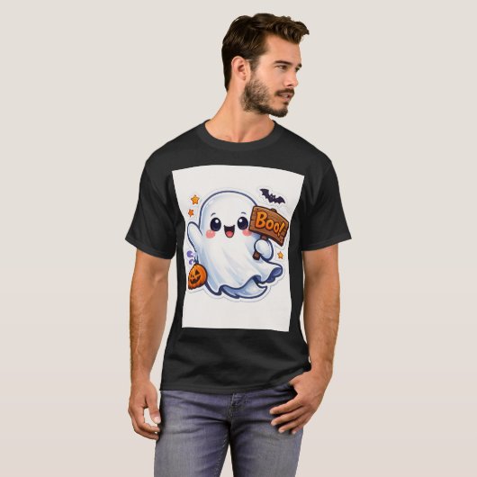 Spooky-Cute Halloween Ghost Sticker Tシャツ (正面フル)
