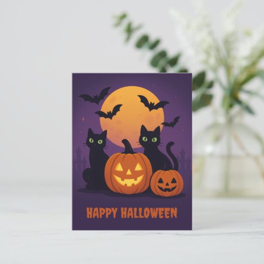 Spooky Cute Halloween Postcard – Black Cats & Pump ポストカード (スタンド正面)
