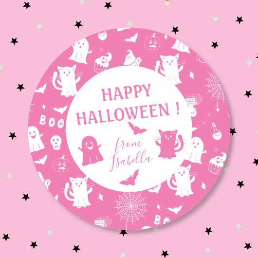 Spooky Cute Kid Pink Halloween Sticker with Name ラウンドシール
