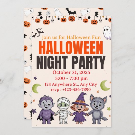 Spooky Cute Kids Halloween Invitation 招待状 (正面/裏面)