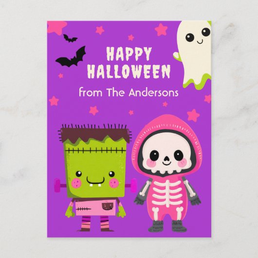 Spooky Cute Monster Mash Happy Halloween パープル ポストカード (正面)