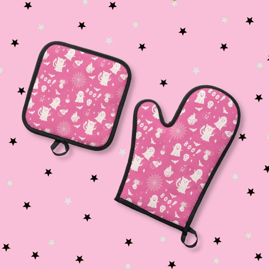 Spooky Cute Pink and White Halloween  鍋つかみ&鍋敷きセット