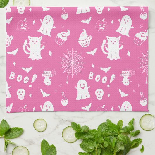 Spooky Cute Pink Halloween Kitchen Towel キッチンタオル (折り畳み)