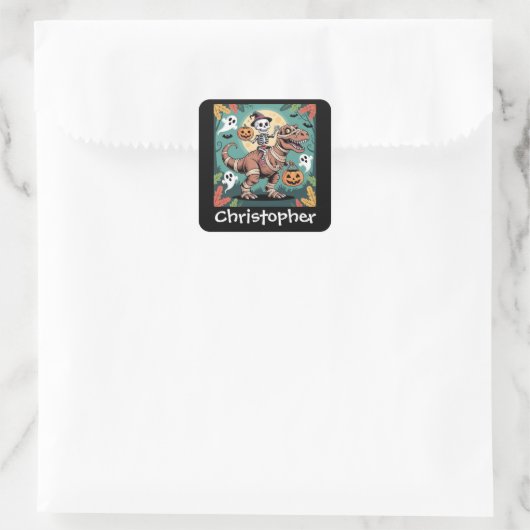 Spooky Dino Rider – Skeleton on Mummy T-Rex スクエアシール (バッグ)