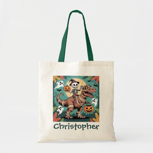 Spooky Dino Rider – Skeleton on Mummy T-Rex  トートバッグ (正面)