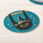 Spooky Flying Black Cat Witch ラウンドペーパーコースター (アングル)
