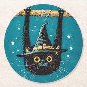 Spooky Flying Black Cat Witch ラウンドペーパーコースター (正面)