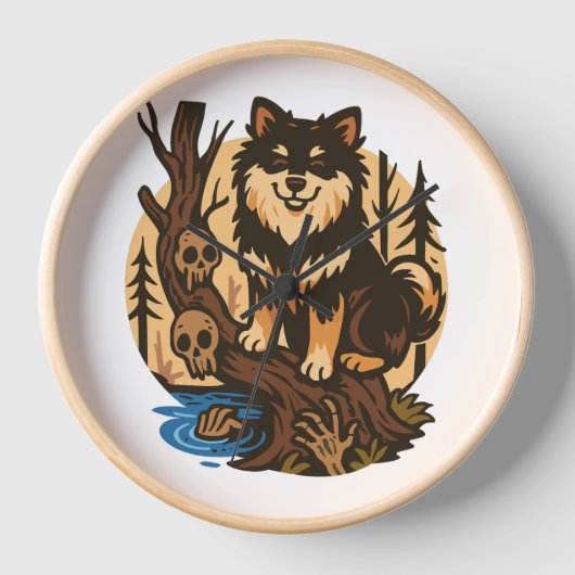 Spooky Forest Dog with Skulls Horror Art 壁時計 (正面)