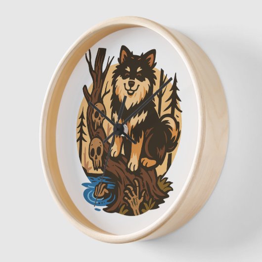 Spooky Forest Dog with Skulls Horror Art 壁時計 (傾斜)