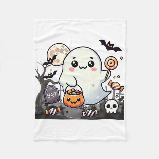 Spooky Friends Cute Halloween Ghost Pumpkin Moon フリースブランケット (正面)