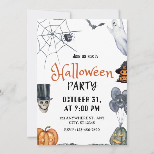 Spooky Fun Watercolor Halloween Party Invitation 招待状 (正面)