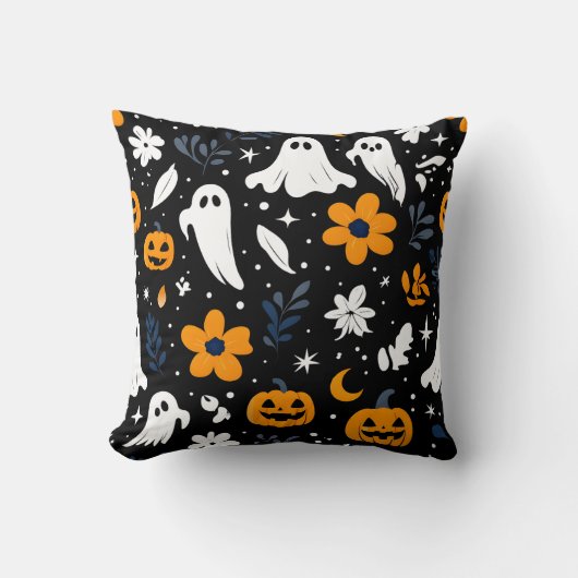 Spooky Ghost and Pumpkin Halloween Pillow クッション (正面)