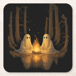Spooky Ghost Campfire Night Forest Art - Halloween スクエアペーパーコースター