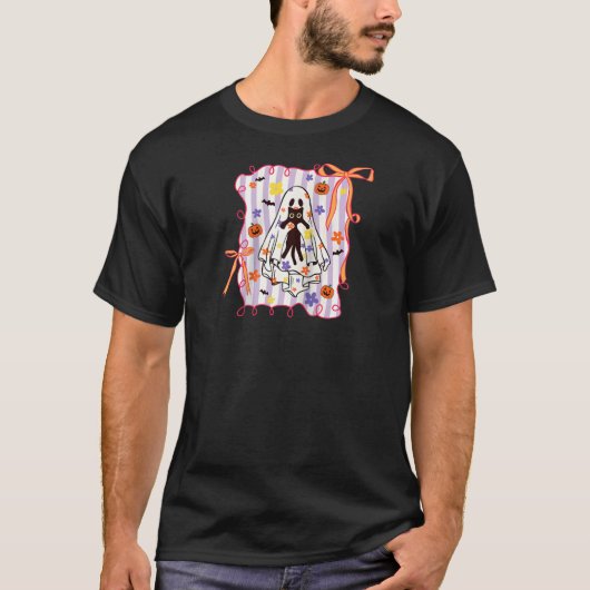 Spooky Ghost Holding Cat Coquette Floral Pumpkin H Tシャツ (正面)