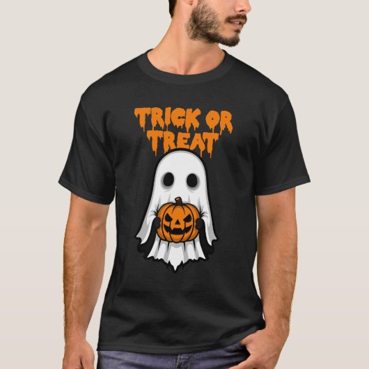 Spooky Ghost Holding Pumpkin Halloween Tシャツ (正面)