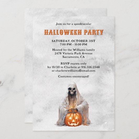 Spooky Ghost Jack O’Lantern Halloween Party  招待状 (正面/裏面)