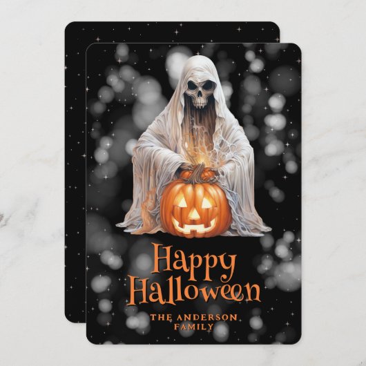 Spooky Ghost Jack O'Lantern Starry Night Halloween シーズンカード (正面/裏面)