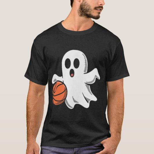 Spooky Ghost Playing Basketball Retro Halloween Co Tシャツ (正面)