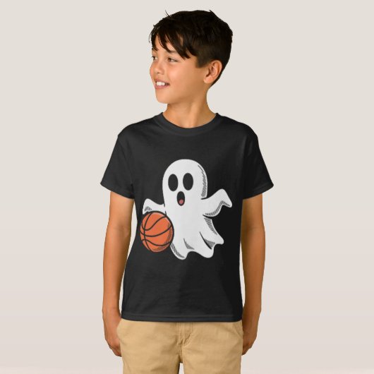 Spooky Ghost Playing Basketball Retro Halloween Co Tシャツ (正面フル)