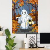 Spooky Ghost with Lantern in Autumn Forest ポスター (ホームオフィス)
