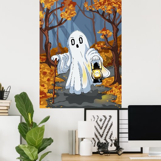 Spooky Ghost with Lantern in Autumn Forest ポスター (ホームオフィス)